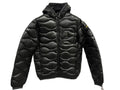 GIUBBINO BLAUER black puffer jacket with hood on a marble background.